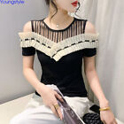 Korean Womens Cold Shoulder Colorblock Ruffle Beaded Party Cocktail T-shirt Tops
