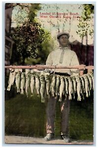 Okoboji Lake Iowa IA Postcard Landed At Stevens Beach c1920's Antique Fishing