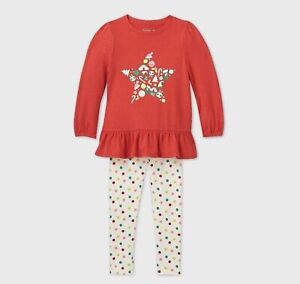 Cat & Jack Toddler Girls 2-piece Christmas Outfit Size 4T Red Top Leggings