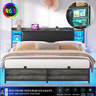 Queen Size Bed Frame Metal Platform Bed with LED ＆ Upholstered Storage Headboard