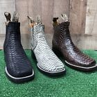 MEN'S LEATHER PYTHON PRINT WESTERN STYLE COWBOY RODEO SLIP ON ANKLE-SQUARE BOOTS