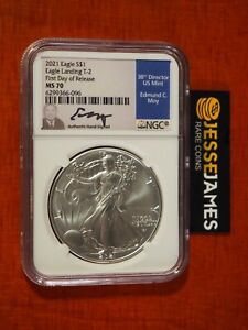 2021 SILVER EAGLE NGC MS70 EDMUND MOY SIGNED FIRST DAY OF RELEASE FDOR TYPE 2