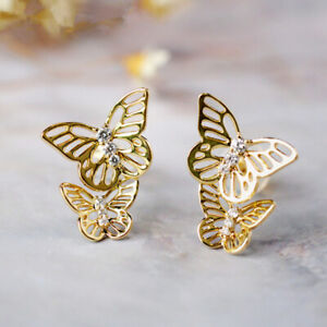 Women Cute 18k Yellow Gold Plated Butterfly Stud Earring Cubic Zirconia Jewelry