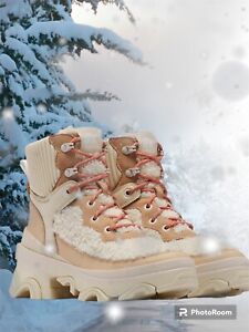 Sorel Beige Waterproof Platform Snow Boots Size 9.5 Faux Shearling NEW