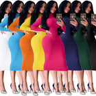 New Stylish Women's Long Sleeves Solid Color High Neck Bodycon Midi Pencil Dress