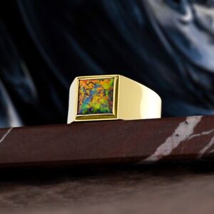 Fire Opal Minimalist Ring in 14K Gold Men's Signet Ring Mens Wedding Band Ring