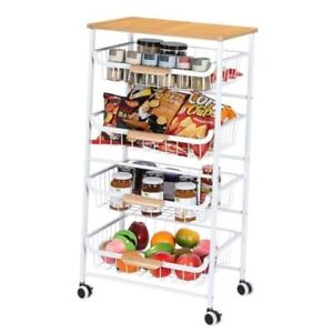 Rolling Kitchen Storage Cart, Metal Microwave Stand Kitchen 5 Tier White