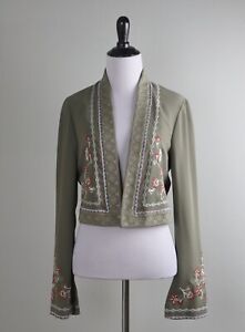 BCBG MAX AZRIA $298 Green Embroidered Cropped Lined Open Jacket Top Size XS