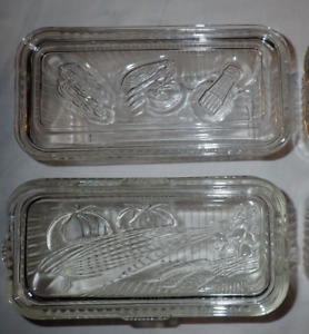 Lot 2 Clear Glass Refrigerator Dish Covered Federal ribbed Recatangle 8.5