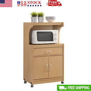 Microwave Kitchen Cart Large Open Storage & Enclosed Cabinet Portable Functional