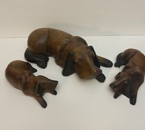 Large Carved Wooden Realistic Sleeping Mama Hound Dog And 2 Puppies, Brown/black