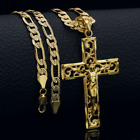 Collar Colgante de Jesus Cruz Chapado en Oro 14k Figaro Cadena 24