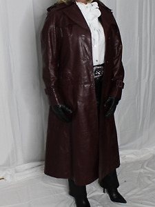 Womens Leather Trench Coat Burgundy Red S-M Etienne Aigner Long Vintage 70s 80s