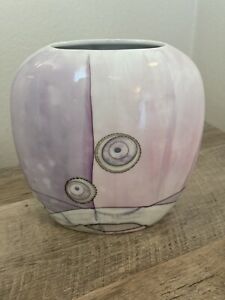 New ListingVintage Vase Iridescent Lusterware Galaxy Circles  6” Porcelain Pink Gray