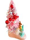 Christmas Sparkle Pink Bottle Brush Tree Retro Deer Ceramic Pink Baby Shoe 6”