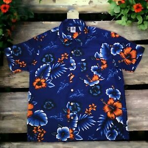 Kennington Ltd Mens Large Blue Orange Hawaiian Button Front Shirt Short Sleeves