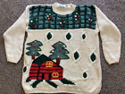 Vintage 90's Shenanigans Ugly Xmas Sweater Women's Size L Cream Barn Trees