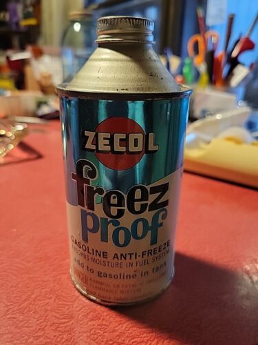 Vtg 1964 Zecol Freez Proof Gasoline Anti-freeze Cone Top Can - Awesome Graphics!
