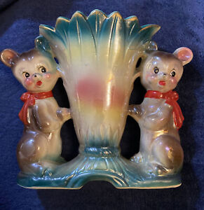 VTG 1950's Rare Iridescent Lustreware Baby Bears Fan Tulip Vase Planter READ