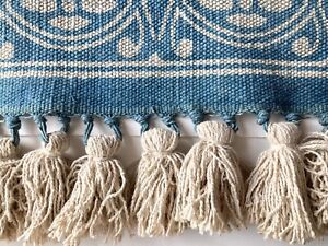 2x3ft Cotton Hand Block Print Woven Indigo Tapestry Wall Hanging, Fringe Tassels