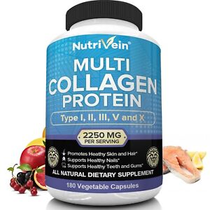 Nutrivein Multi Collagen Pills 2250mg - 180 Capsules - Hair, Skin, Nails, Bones