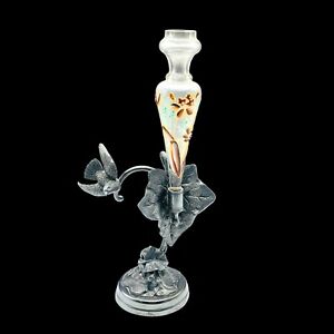 New ListingAntique Meriden Epergne Hand Painted Glass Vase Silver Plated Bird Leaf 10.5”