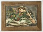 Antique Early 20th C Watercolor Painting French Woman Sniffing Roses With Cat