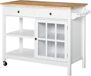 Rolling Kitchen Island with Storage, Kitchen Cart with Solid Wood Top, Glass Doo