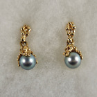 14k Solid Gold Nugget Silver Grey South Sea Pearl Dangle Drop Earrings 4.5 grams