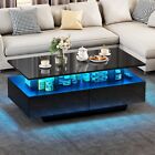 High Gloss Coffee Table Center Cocktail Table with LED Lights & Sliding Drawers
