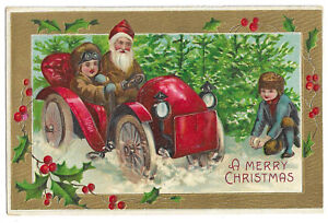 Postcard Christmas Brown Suited Santa Claus Driving Car