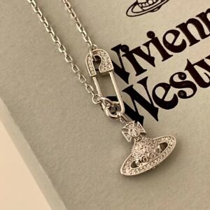 Vivienne Westwood Safety PIN Crystal ORB Chain Silver Golden Necklace Women Gift