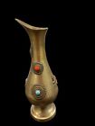 New ListingAntique Decorative Brass Bejeweled Vase Red & Blue Accents 8”