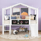 Solid Wood Loft Bed with Slide House Bed w/ Blackboard Kids Loft Bunk Bed Frames
