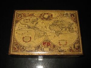Vtg Italian Florentine Gold Wood Hinged Box Old World Map w/ Playing Cards 6x4x2