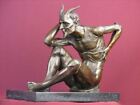 SIGNED 100% BRONZE SCULPTURE SATYR DETAILED FAUN HANDCRAFTED STATUE ON MARBLE