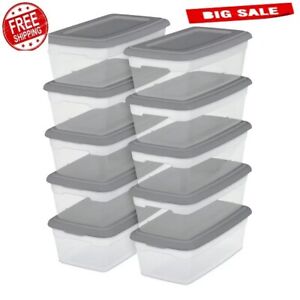Sterilite Set of (10) 6 Qt. Clear Plastic Storage Boxes with Gray Lids