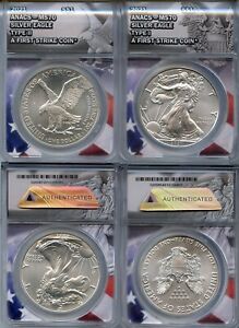 2021 $1 AMERICAN SILVER EAGLE ANACS MS70 TYPE l & ll FIRST STRIKE LABEL(2 COINS)