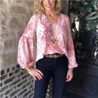Cabi Pink White Size XS Women V Neck Bell Sleeve Snakeskin Print Blouse Top
