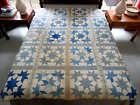 FOR MATERIAL Vintage 2 Color Blue Antique Cotton Hand Sewn SNOW CRYSTALS Quilt