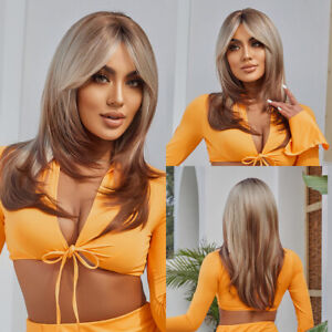 Long Straight Blonde Brown Ombre Layered Synthetic Wigs With Bangs Daliy Party