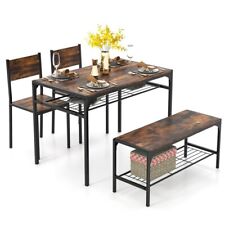 4 pcs Compact Industrial Wooden Dining Set Kitchen Rectangular Table Chair Bench