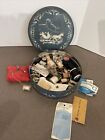 Vintage Lot of Sewing Items Notions- Buttons Thread Pins Needles Grandmas Tin