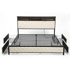 King Size Bed Frame with USB Charging Station and Upholstered Headboard Beige