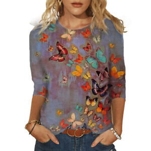 Women 3/4 Sleeve Floral Print Pullover T-shirt Top Casual Loose Crew Neck Blouse