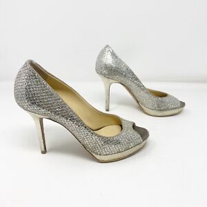 Jimmy Choo Silver Glitter Sparkle Peep Toe Platform Heels 37 US 7