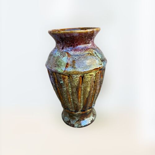 Tall Iridescent Multicolor Cell Drip Glaze Majolica Style Pottery Vase with Base