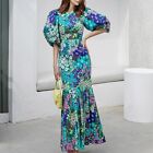 Korean Summer Womens Fashion Long Skirt Printed Floral Round Neck Fishtail Dress