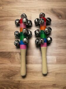 Lot Of 2 Multi Colored Bell Shaker Rattle  Instruments Montessori Toys