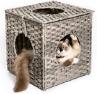 Mewoofun Cat House for Indoor Cats with Hand-Woven Wicker Bed Cozy Cat Hideaways